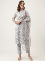 Eshani Sky Blue Floral HandBlock Printed Cotton Straight Kurta, trousers with Dupatta Set