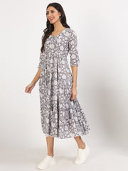 Eshani Grey Floral Printed Cotton Dress