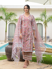 Eshani Maroon Floral Print Cotton Handblock Kurta Set for Women