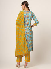 ESHANI Blue Floral Print Cotton Straight fit Kurta Set