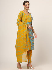 ESHANI Blue Floral Print Cotton Straight fit Kurta Set