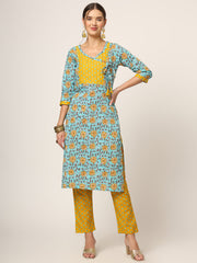 ESHANI Blue Floral Print Cotton Straight fit Kurta Set