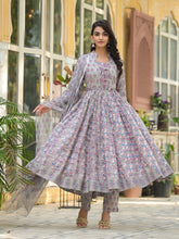 ESHANI Grey Floral Print Cotton Anarkali Kurta Trouser with Dupatta Set