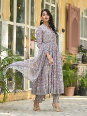 ESHANI Grey Floral Print Cotton Anarkali Kurta Trouser with Dupatta Set