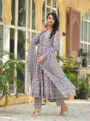 ESHANI Grey Floral Print Cotton Anarkali Kurta Trouser with Dupatta Set