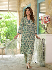 Eshani Bottle Green Floral Print Cotton Kurta Set for Women