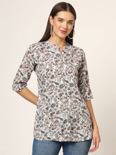 ESHANI White & Brown Printed Rayon Fabric Shirt Style Top