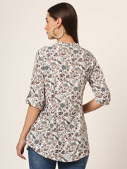 ESHANI White & Brown Printed Rayon Fabric Shirt Style Top