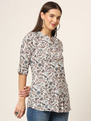 ESHANI White & Brown Printed Rayon Fabric Shirt Style Top