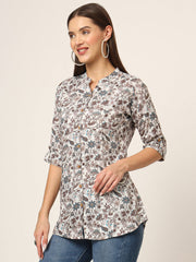 ESHANI White & Brown Printed Rayon Fabric Shirt Style Top