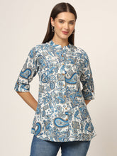 ESHANI White & Blue Printed Rayon Fabric Shirt Style Top