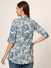 ESHANI White & Blue Printed Rayon Fabric Shirt Style Top