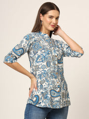 ESHANI White & Blue Printed Rayon Fabric Shirt Style Top