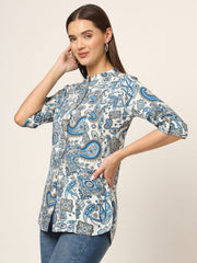 ESHANI White & Blue Printed Rayon Fabric Shirt Style Top