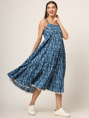 ESHANI Sky Blue Printed Cotton Fabric Fit & Flare Dress