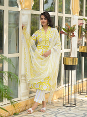Eshani Yellow Hand Block Print Pure Cotton Straight Kurta Set