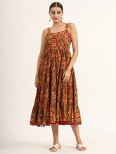 ESHANI Brown Floral Print Pure Cotton Fit & Flare Dress