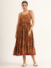 ESHANI Brown Floral Print Pure Cotton Fit & Flare Dress