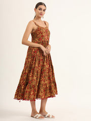 ESHANI Brown Floral Print Pure Cotton Fit & Flare Dress