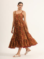 ESHANI Brown Floral Print Pure Cotton Fit & Flare Dress