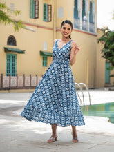 Eshani Blue Floral Print Pure Cotton Fit & Flare Dress