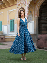 Eshani Indigo Blue Floral Print Pure Cotton Fit & Flare Dress