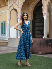 Eshani Indigo Blue Floral Print Pure Cotton Fit & Flare Dress