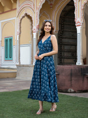 Eshani Indigo Blue Floral Print Pure Cotton Fit & Flare Dress