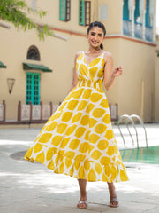 Eshani Yellow Printed Pure Cotton Fit & Flare Dress