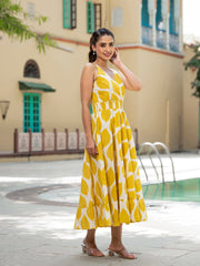 Eshani Yellow Printed Pure Cotton Fit & Flare Dress