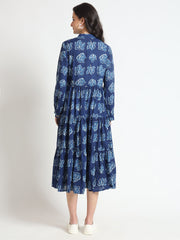 ESHANI Blue Floral Print Cotton Fabric Flared Dress