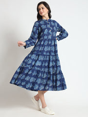 ESHANI Blue Floral Print Cotton Fabric Flared Dress