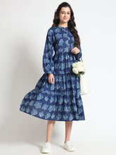 ESHANI Blue Floral Print Cotton Fabric Flared Dress