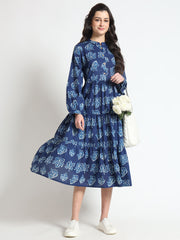 ESHANI Blue Floral Print Cotton Fabric Flared Dress
