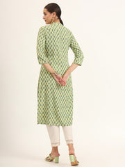 ESHANI Green Floral Print Pure Cotton Straight Kurta