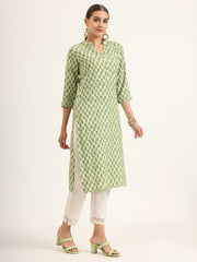 ESHANI Green Floral Print Pure Cotton Straight Kurta