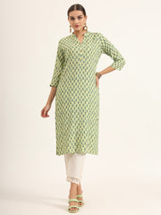 ESHANI Green Floral Print Pure Cotton Straight Kurta