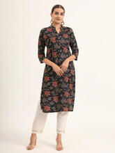 ESHANI Black Floral Print Rayon Straight Kurta