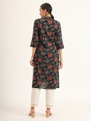 ESHANI Black Floral Print Rayon Straight Kurta