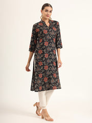 ESHANI Black Floral Print Rayon Straight Kurta