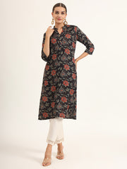 ESHANI Black Floral Print Rayon Straight Kurta