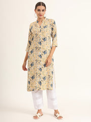 ESHANI Yellow Floral Print Rayon Straight Kurta