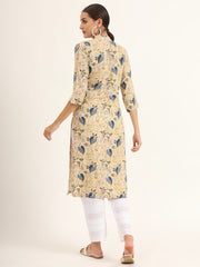 ESHANI Yellow Floral Print Rayon Straight Kurta