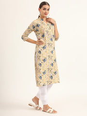 ESHANI Yellow Floral Print Rayon Straight Kurta