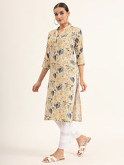ESHANI Yellow Floral Print Rayon Straight Kurta