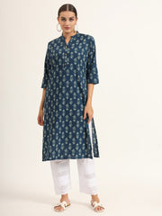 ESHANI Blue Floral Print Pure Cotton Straight Kurta
