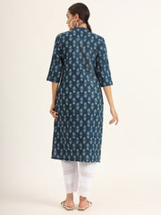 ESHANI Blue Floral Print Pure Cotton Straight Kurta