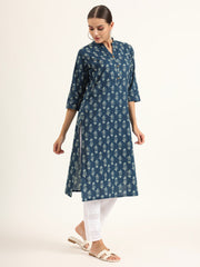 ESHANI Blue Floral Print Pure Cotton Straight Kurta