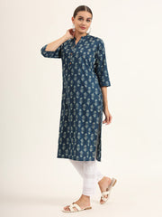 ESHANI Blue Floral Print Pure Cotton Straight Kurta