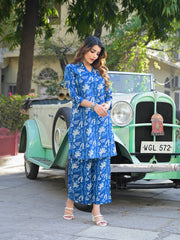 ESHANI Blue Floral Print Cotton Fabric Kurta with Pant